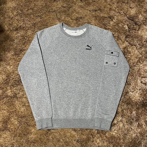 Puma Small Logo Arm Pocket Crewneck Sweatshirt Grey Small - Picture 1 of 5
